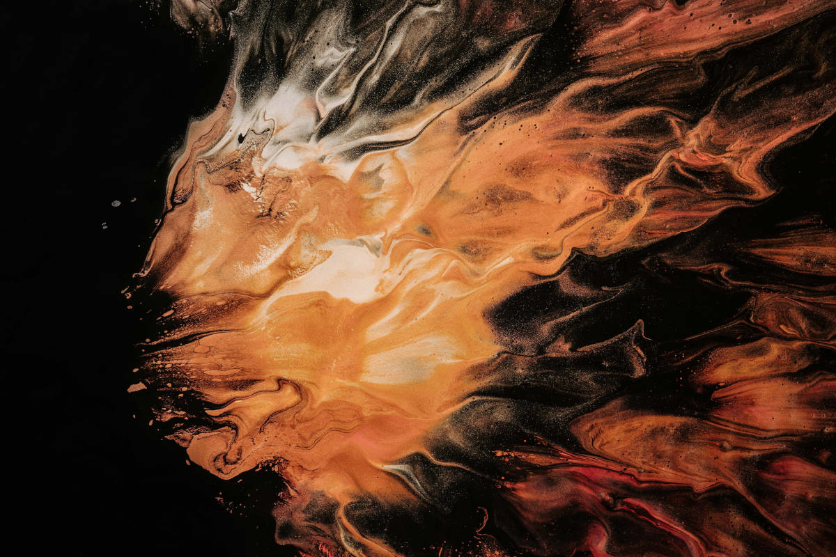 Abstract Painting that looks like flowing copper on an obsidian background.